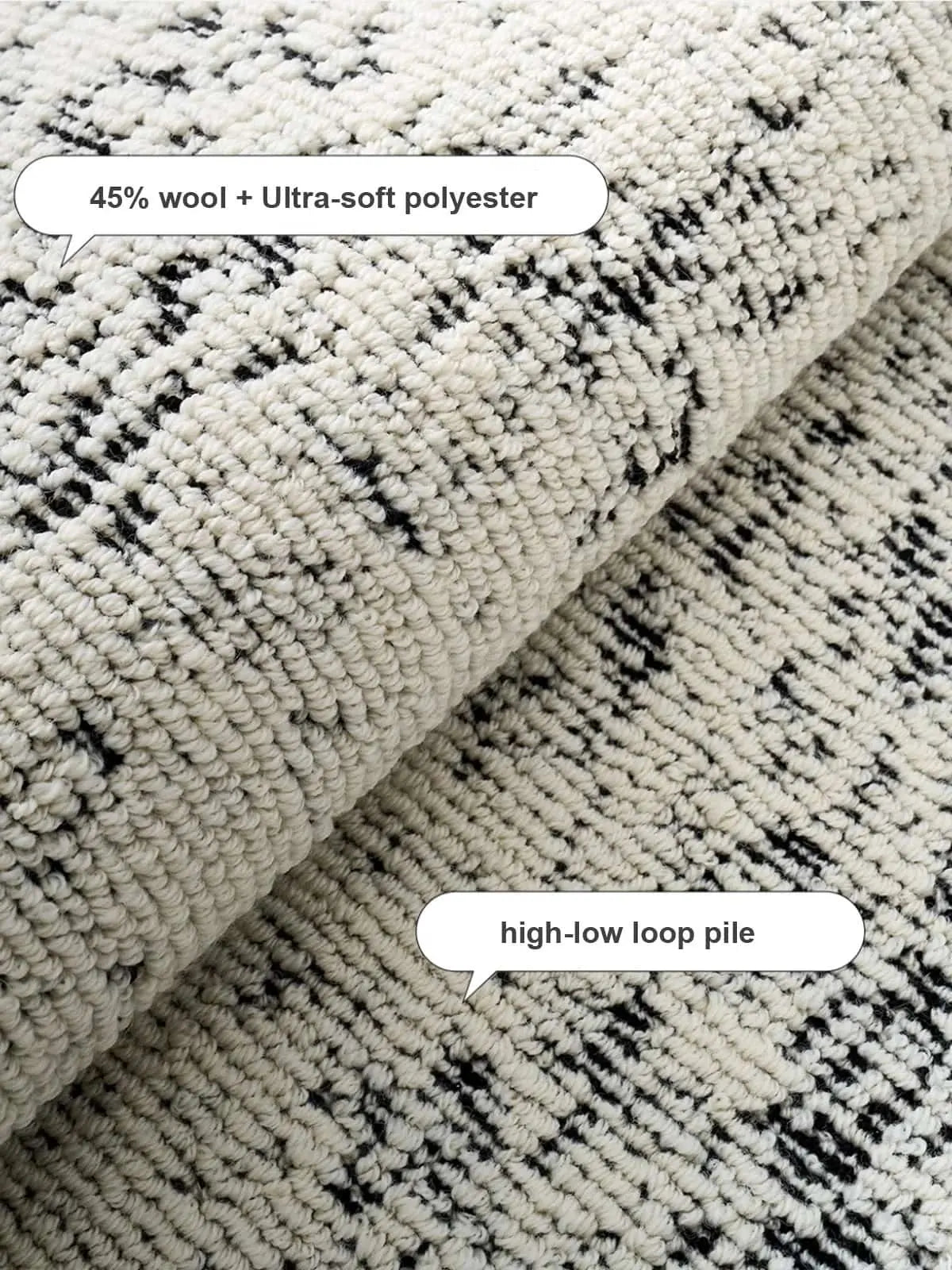 Close-up of a high-low loop pile area rug showcasing 45% wool and ultra-soft polyester blend with detailed texture