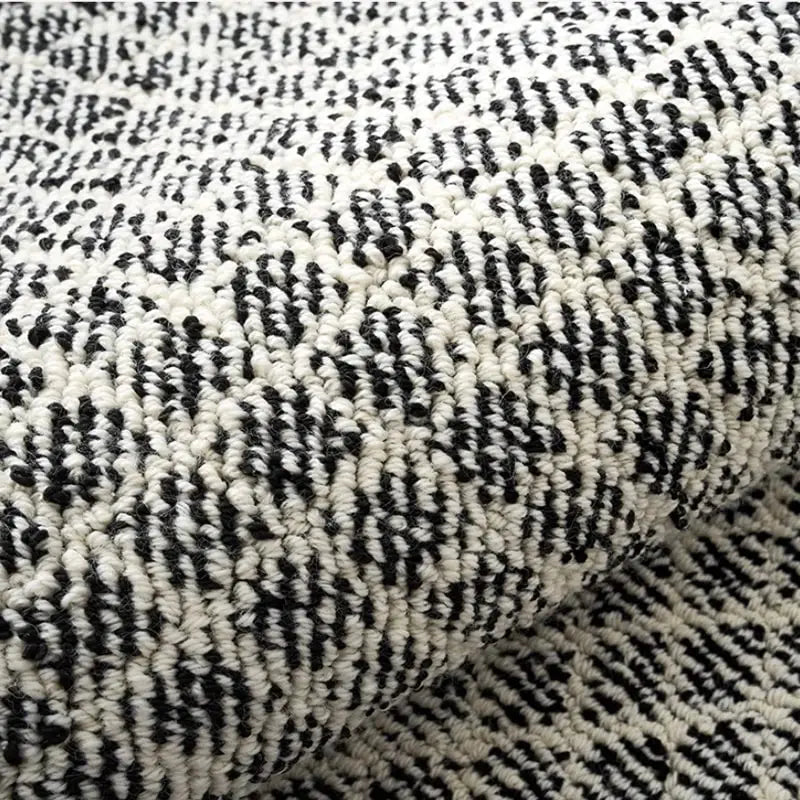 Close-up of modern area rug with high-low loop pile and black-and-white textured pattern #Texture_Black & White Checks