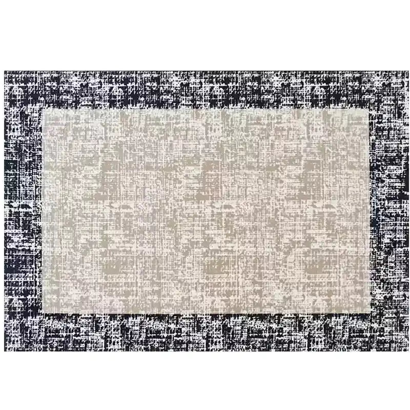 Full view of a modern beige and black border area rug, perfect for minimalist interiors #color_beige