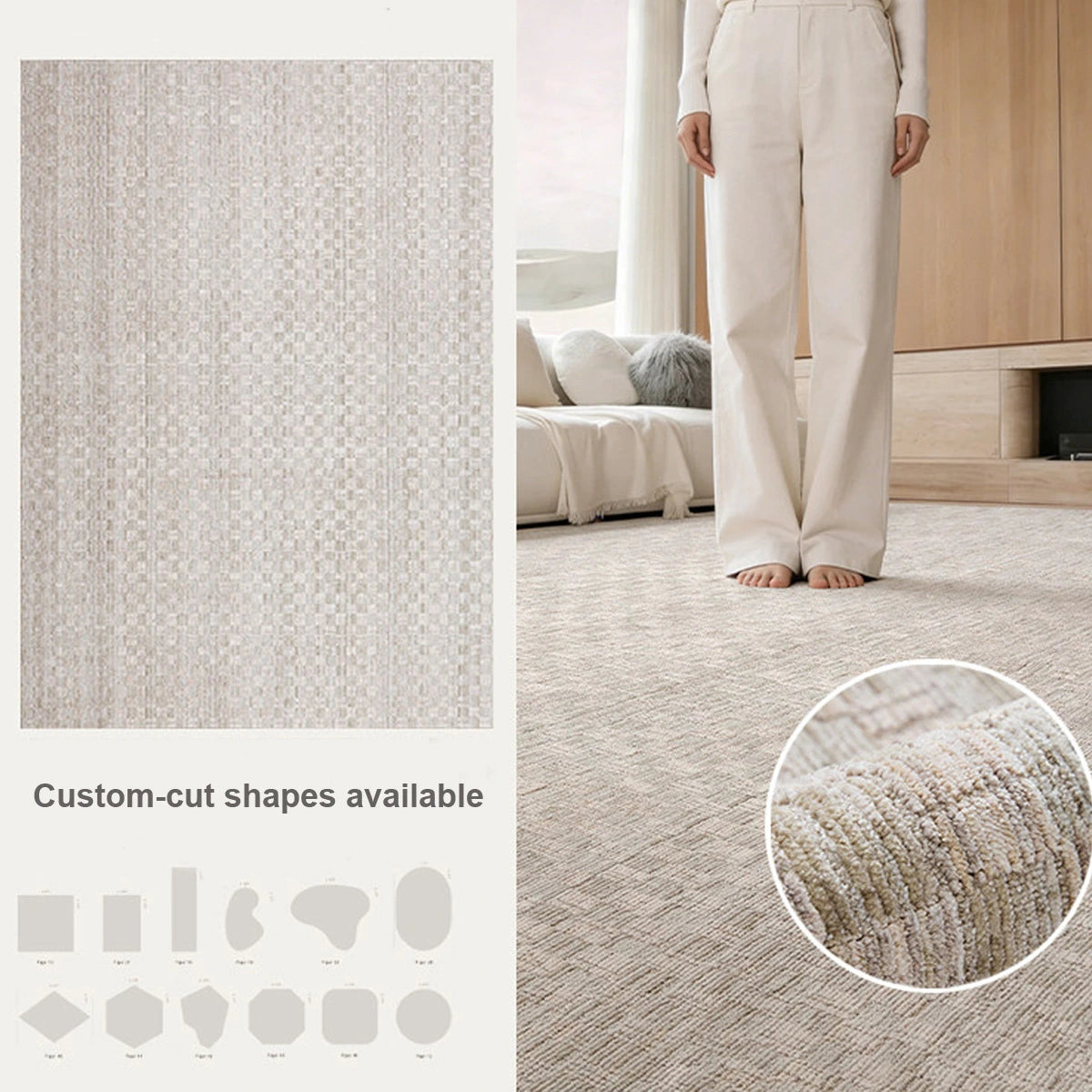 Beige crosshatch woven custom-cut rug with shape options and soft textured detail