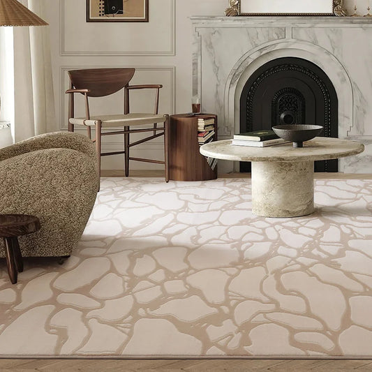 Beige modern abstract rug in a classic living room, with organic patterns complementing marble fireplace and wooden furniture #Texture_Vein