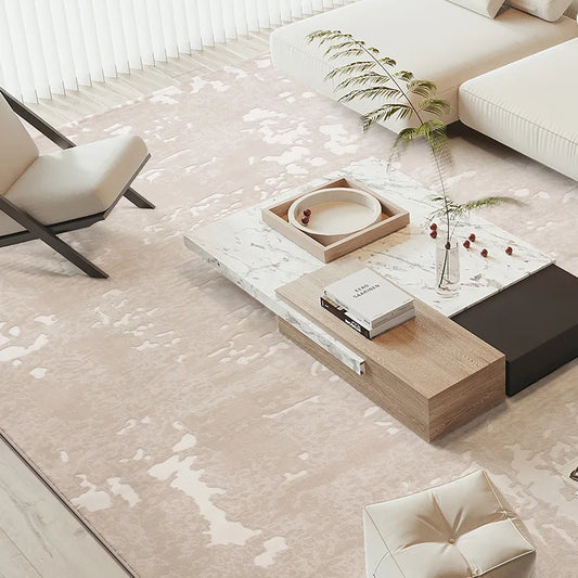 Elegant beige modern rug in a minimalist living room, featuring a plush abstract design complementing the marble coffee table and neutral decor #Texture_Mist