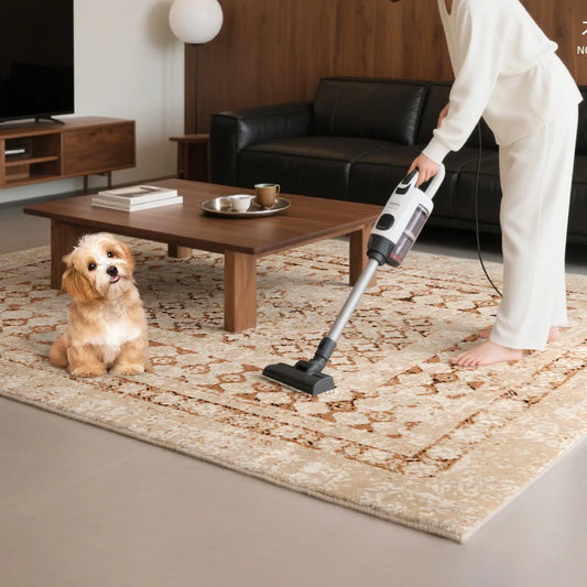 Beige rug easy to clean with vacuum, pet-friendly living room design