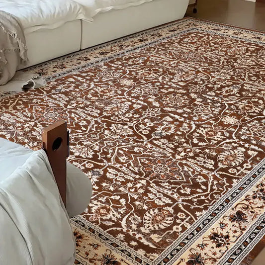 Traditional brown Persian rug styled in a cozy bedroom, eco-safe and pet-friendly