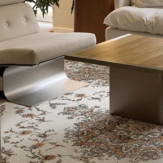 Close-up of a vintage Persian rug showing detailed floral texture, durable fiber surface, pet-friendly and easy to clean.