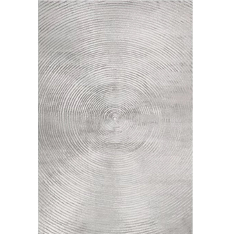 Full view of a gray rug with concentric circle patterns, showcasing its minimalist design and elegant #texture_Harmonic Circle