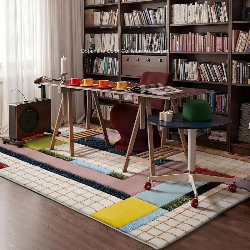 Modern study room with dopamine color geometric area rug under table and bookshelves