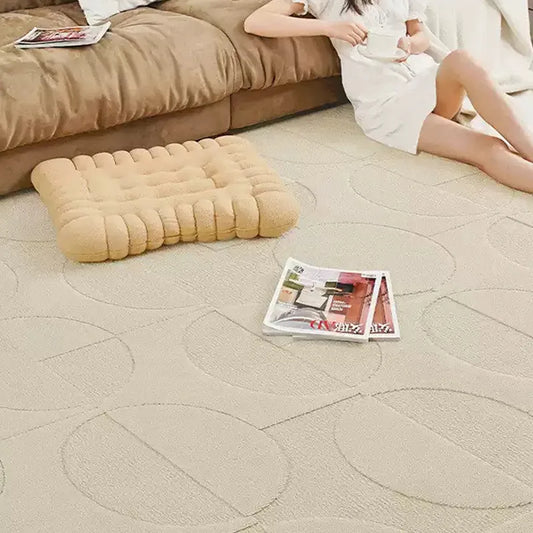 Minimalist bedroom with geometric relief rug featuring moon-phase embossed pattern in waterproof diatom silk
