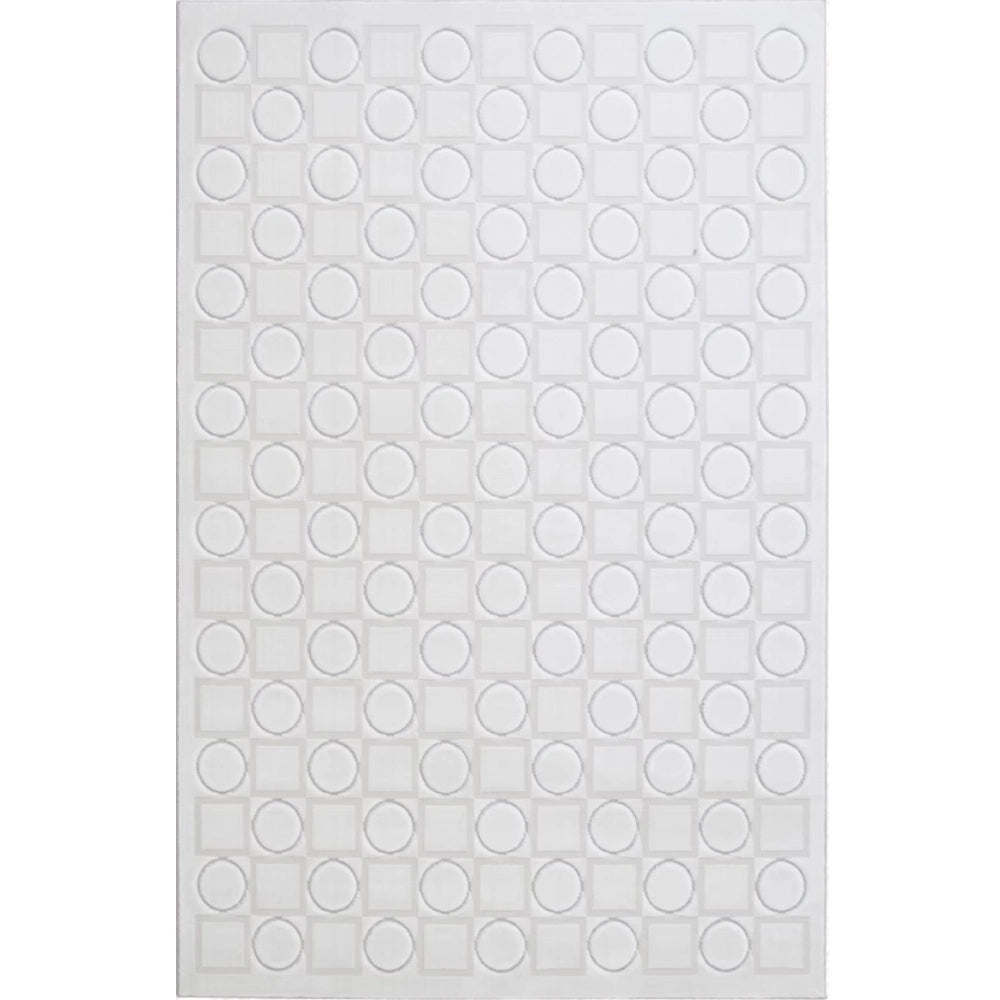 Ivory and light gray circle square geometric area rug full view with soft high-low texture