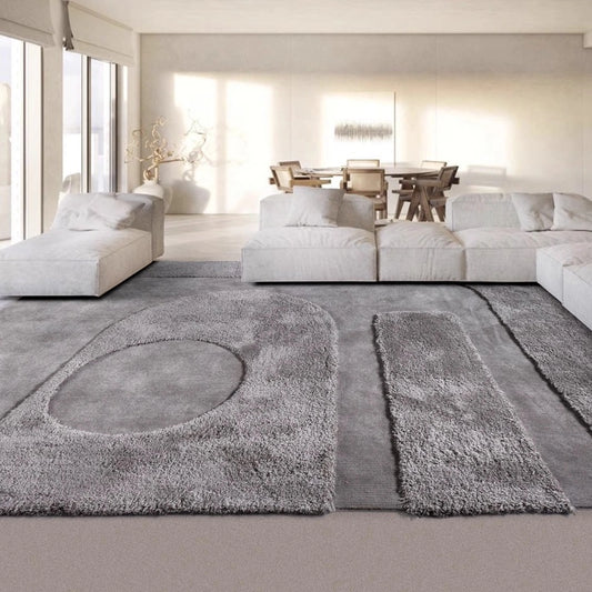 Gray textured rug in a minimalist living room with white modular sofas and dining area #Shape_Rectangle