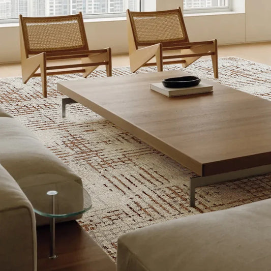 Mid-century modern rug with cream base and earthy lines, perfectly paired with natural wood furniture