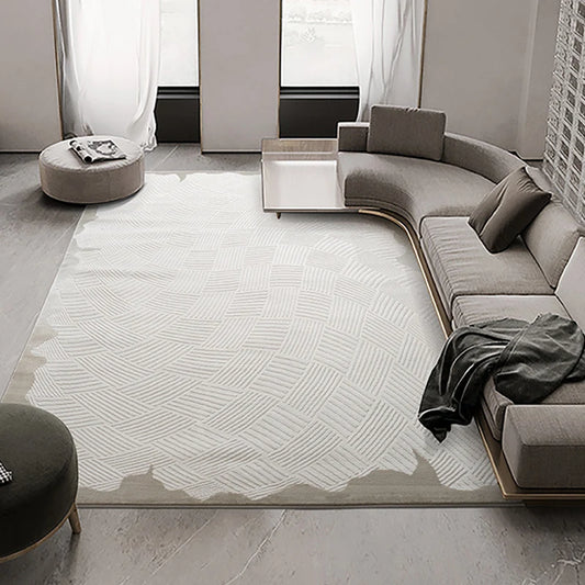 Minimalist 3D woven area rug with a geometric textured pattern in neutral beige and gray tones, featuring a soft plush feel and anti-slip backing