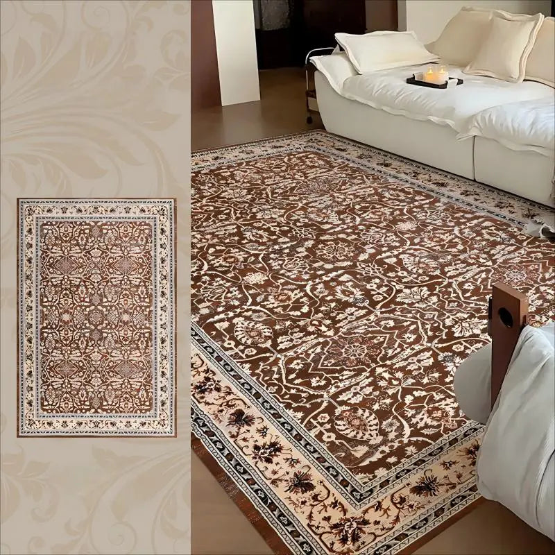 Persian-style area rug shown in multiple views with brown and ivory floral design in a cozy bedroom