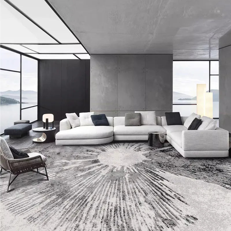 Sunburst-patterned gray rug in a modern minimalist living room, adding elegance and luxury to the space #texture_Solar Bloom