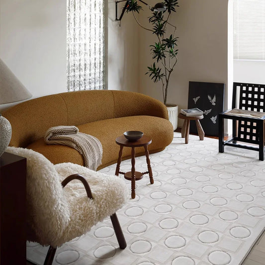 Modern living room with a textured rug featuring raised circular patterns, soft and plush surface, perfectly matching the decor #Series_Modern Geometry