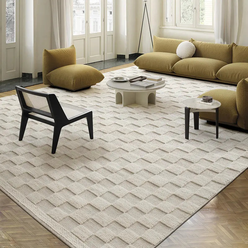 Modern living room featuring a wool rug with a checkered texture, paired with mustard yellow furniture and neutral decor elements #color_Beige Texture