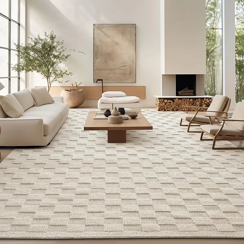 Minimalist living room with a wool rug in a grid pattern, styled with natural light, modern furniture, and neutral tones #color_Beige Texture