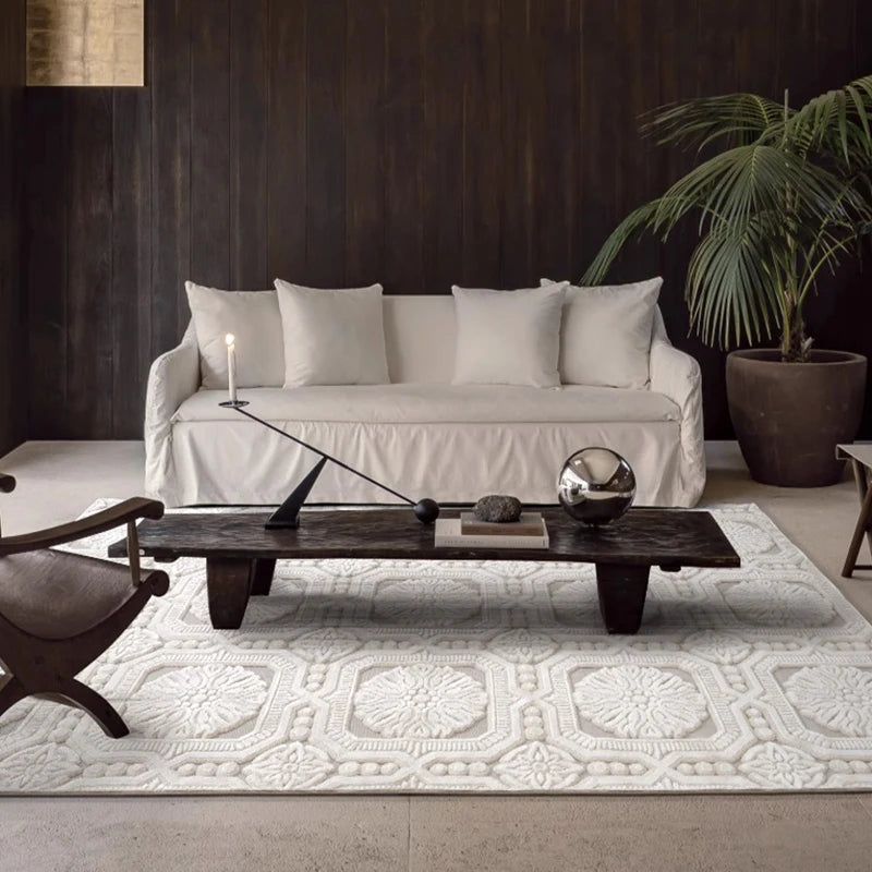 Classic French relief rug with intricate 3D patterns, styled in a contemporary living room with dark wood panels, minimalist furniture, and lush greenery #Series_Classic Relief