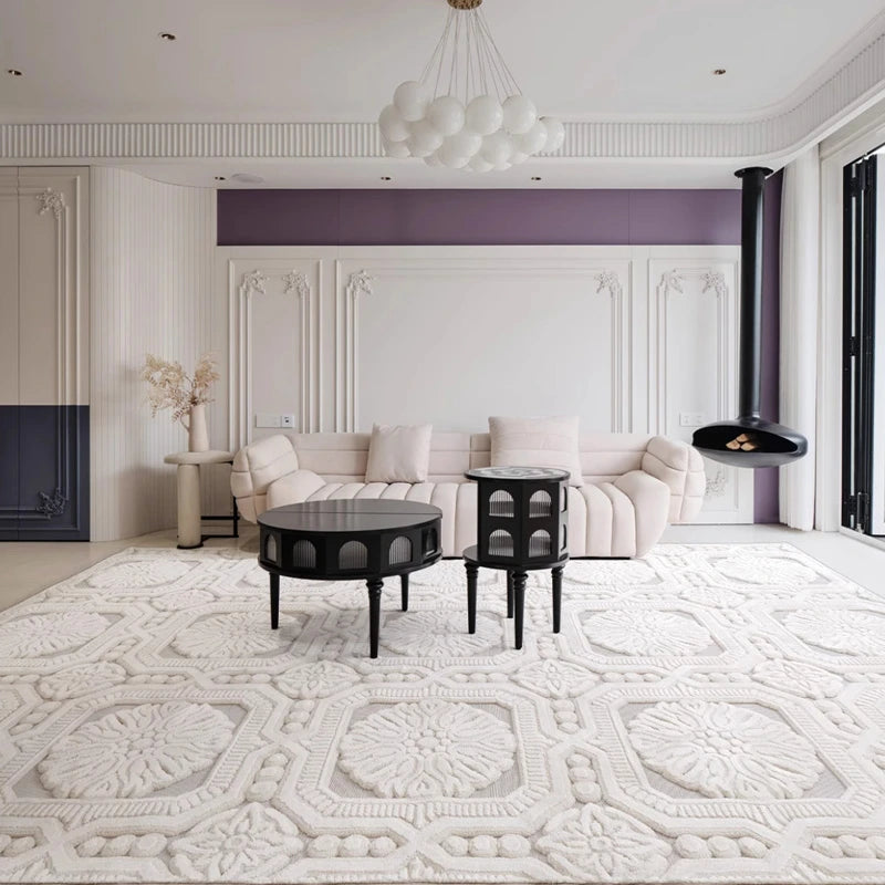 Elegant French relief rug with intricate 3D floral patterns, styled in a modern living room featuring pastel tones and a chic suspended fireplace #Series_
Classic Relief