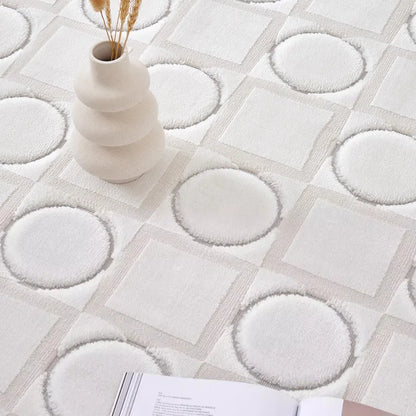 Soft-textured rug with geometric circular and square patterns, featuring a neutral white tone and a decorative vase on top, highlighting its artistic and minimalistic design #Series_Modern Geometry