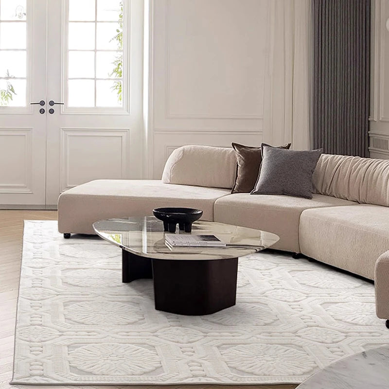 Modern French-style relief rug with 3D floral patterns, enhancing the elegance of a neutral-toned living room with minimalist decor #Series_Classic Relief