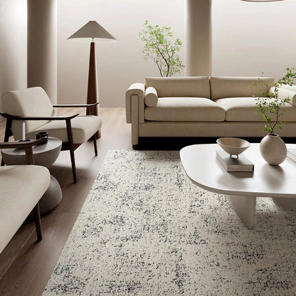 modern beige area rug in a bright living room with natural light and minimalist furniture