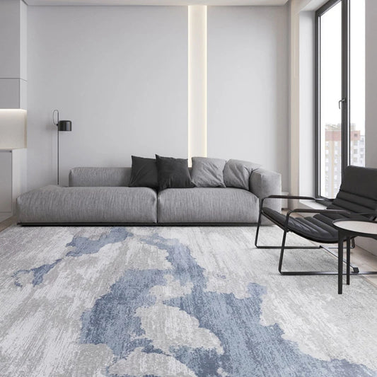 Abstract area rug for living room in blue and grey tones, soft and modern design