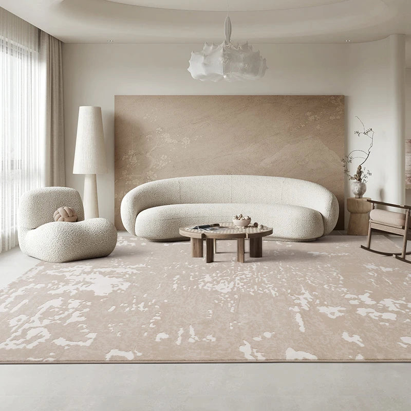 Abstract beige rug in a modern living room, featuring soft tones and minimalist furniture, creating a serene and elegant atmosphere #Texture_Mist