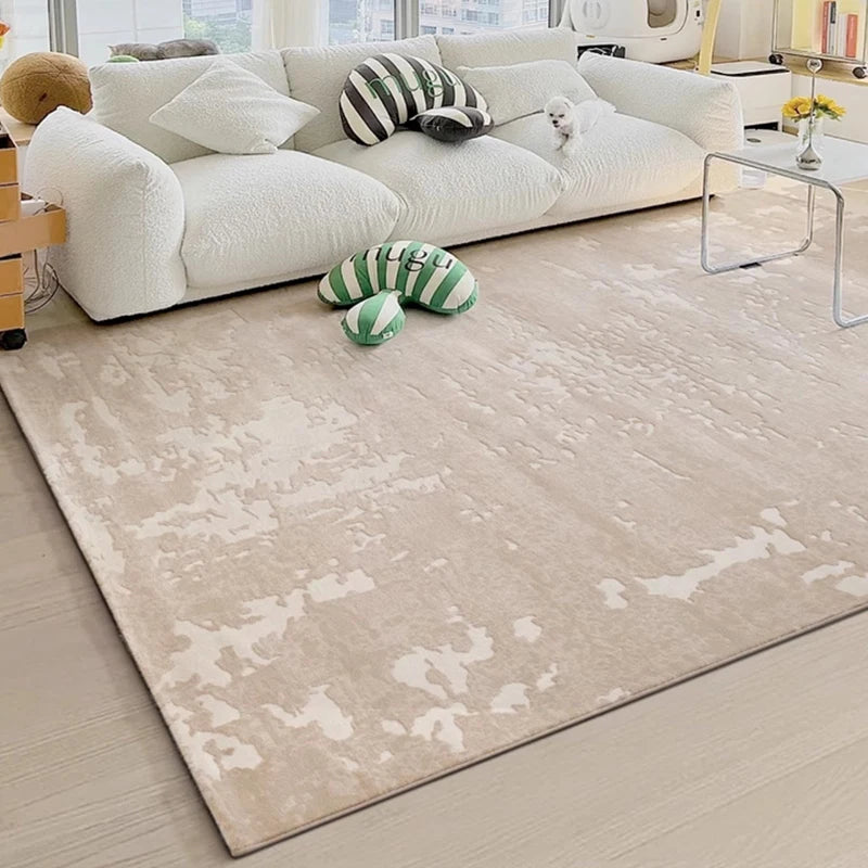 Modern beige abstract rug in a cozy living room with a white plush sofa, decorative pillows, and a small dog, enhancing the warm atmosphere #Texture_Mist