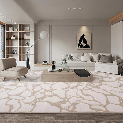 Beige abstract rug in a minimalist living room with light wood furniture and neutral sofa set #Texture_Vein