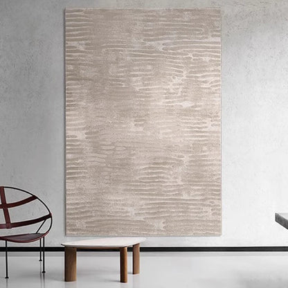 Modern interior featuring beige abstract wave-pattern area rug displayed as wall art, minimalist furniture, and contemporary decor