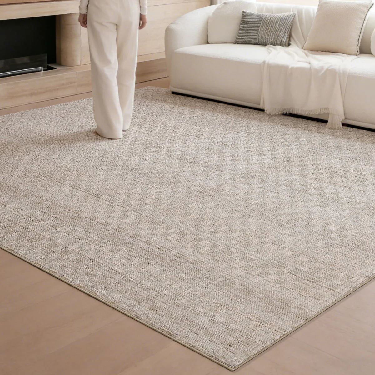 Beige crosshatch woven living room rug with a calm neutral texture for modern interiors