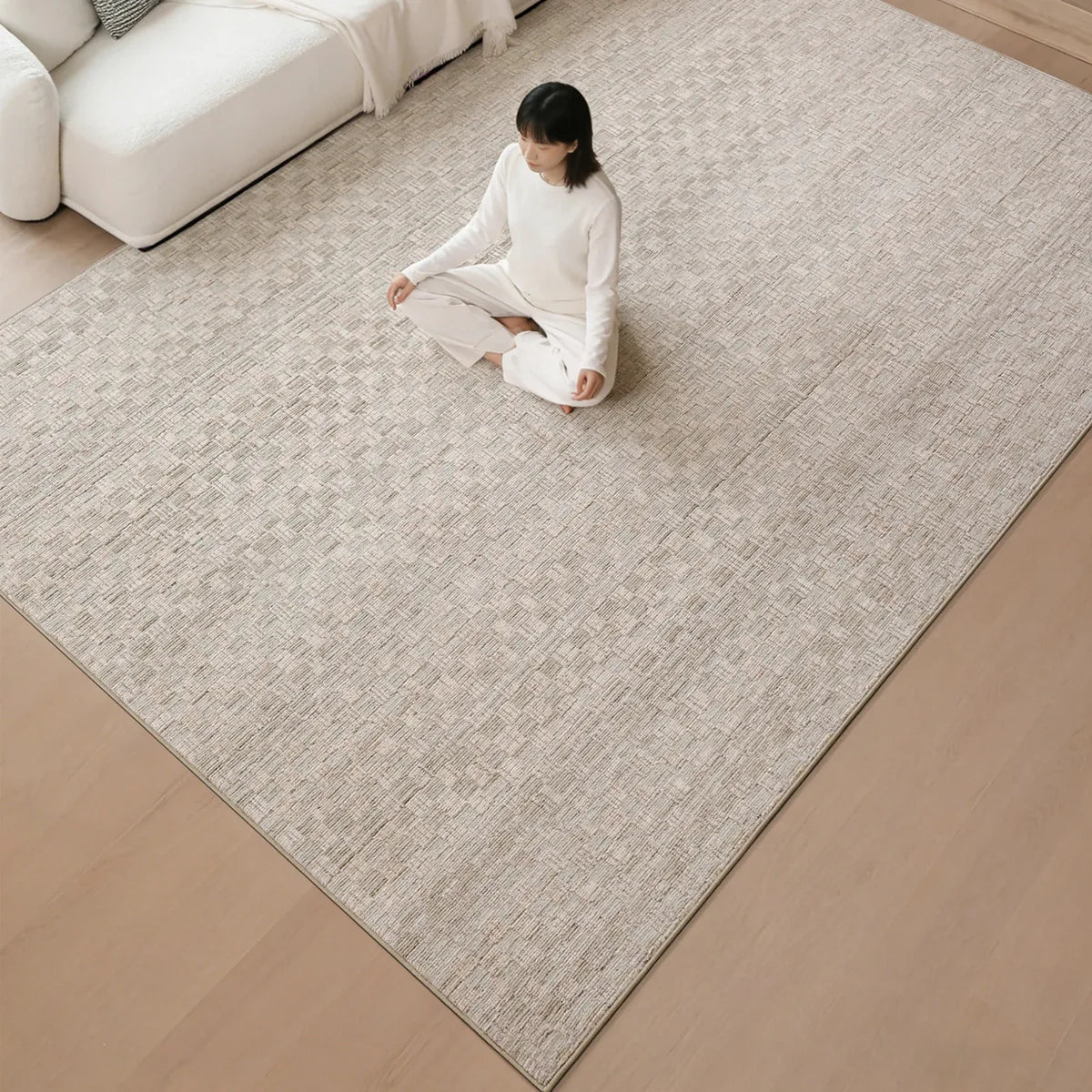 Beige crosshatch woven rug shown from an overhead view with a subtle textured pattern