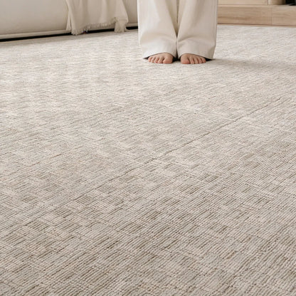 Beige crosshatch woven rug shown underfoot with a soft textured surface