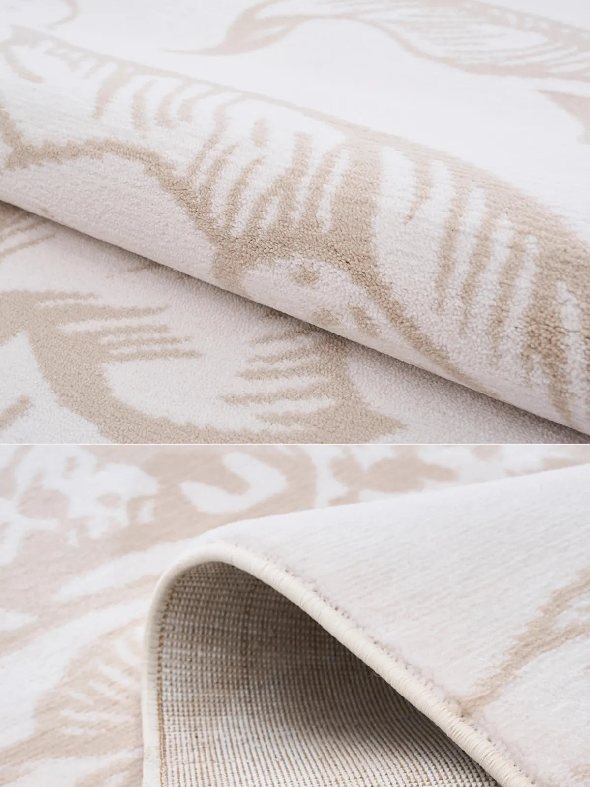 Close-up of a beige floral rug showcasing soft texture, intricate patterns, and a durable anti-slip backing