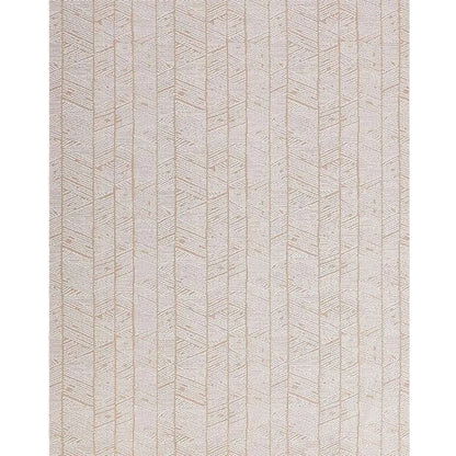 Beige geometric leaf pattern area rug with dense woven texture and soft neutral surface shown in full flat layout