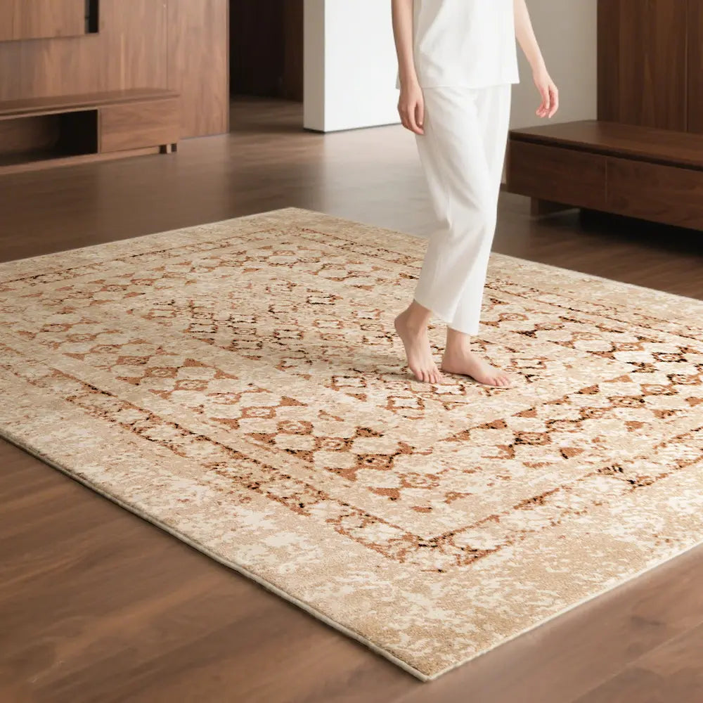Beige Persian-style rug with soft texture, comfortable barefoot walking.