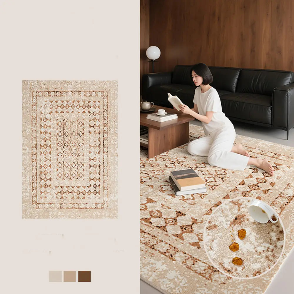 Beige Persian-style rug in living room, woman reading on soft carpet