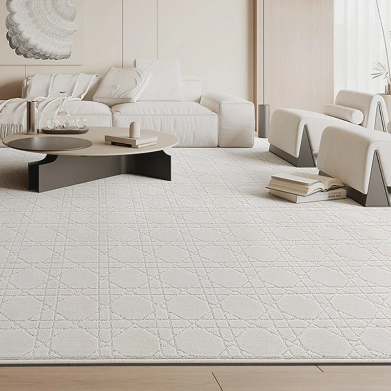 Beige rug with intersecting lines, modern sofa, and a minimalist coffee table in a living room#Texture_Crosshatch