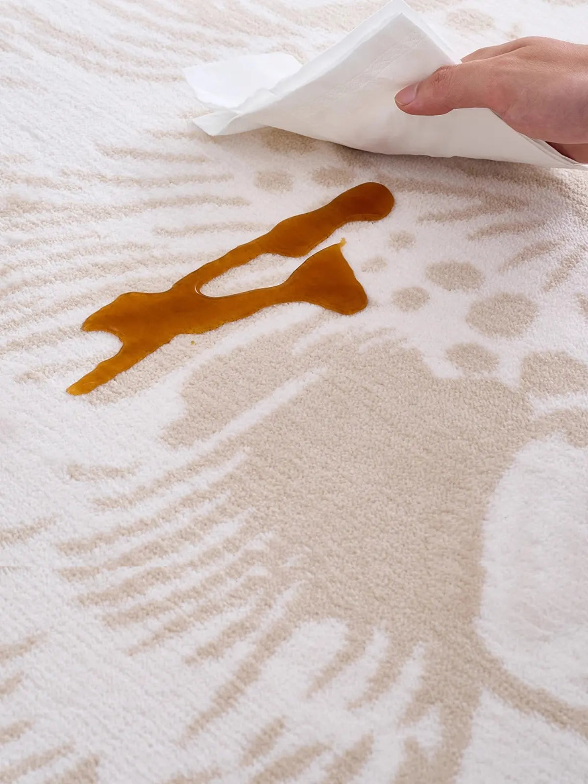 A close-up of a beige rug being cleaned effortlessly with a paper towel, showcasing its stain-resistant and easy-to-clean properties