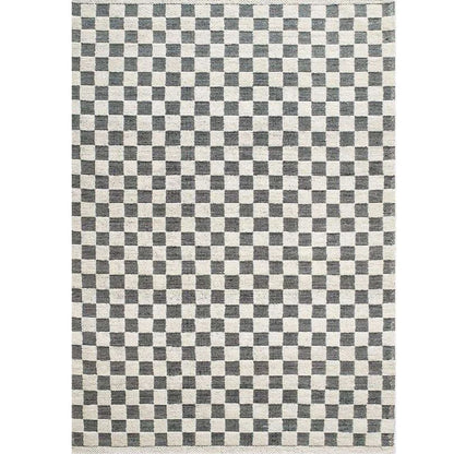 Black and ivory checkerboard wool blend rug with chunky high-low loop texture