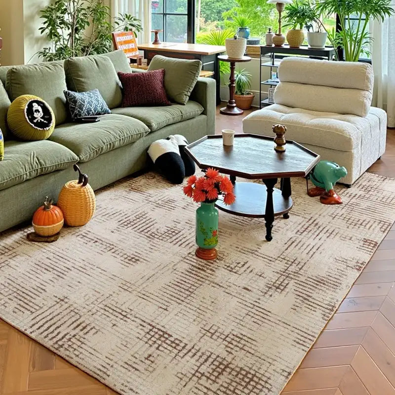 Boho eclectic living room featuring an Italian-style geometric rug, green sofa, vintage coffee table, and vibrant indoor plants