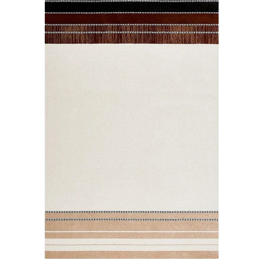 Flat lay of a cream beige border rug with warm brown and black striped border details