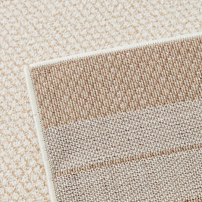 Close up of the woven backing and finished edge on a cream beige border rug