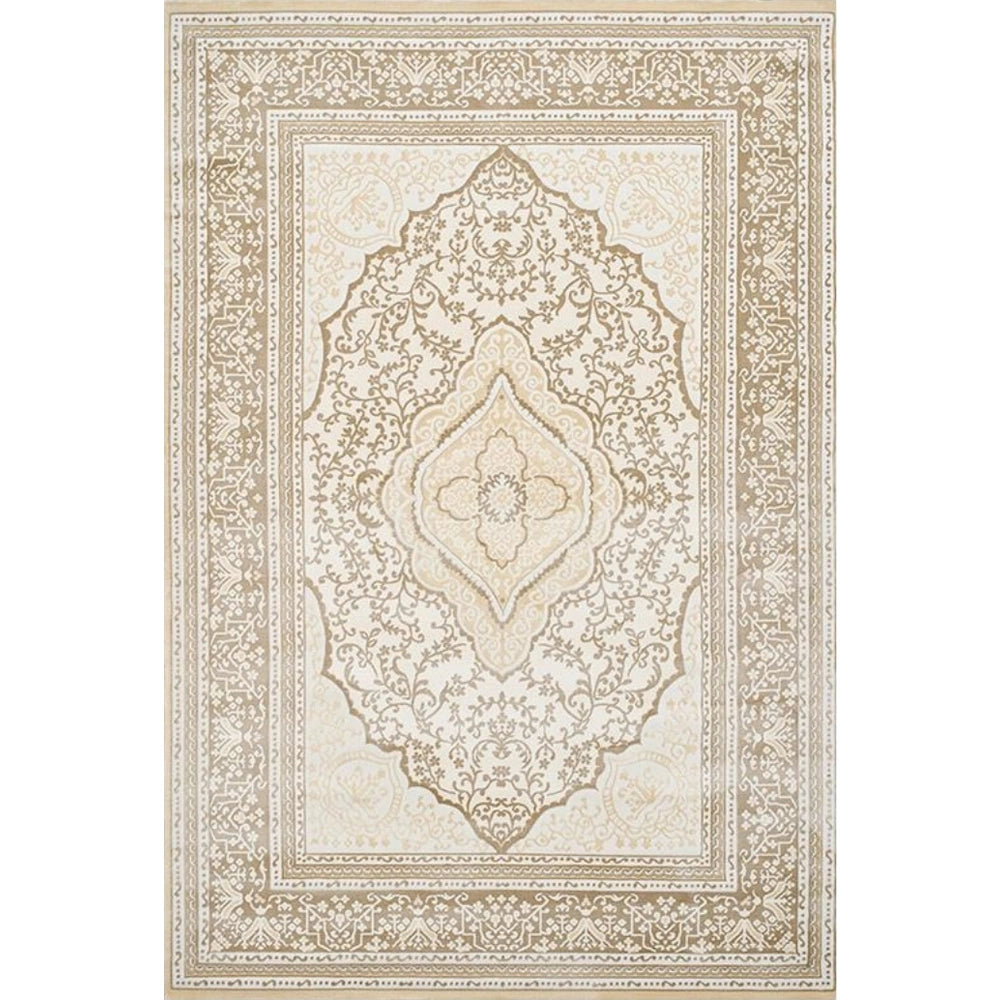 Cream beige Persian area rug with an ornate medallion pattern and decorative border shown in a full overhead view.