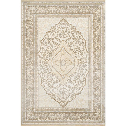 Cream beige Persian area rug with an ornate medallion pattern and decorative border shown in a full overhead view.
