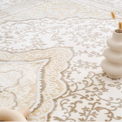 Cream beige Persian rug detail showing the medallion pattern, traditional border, and textured woven surface