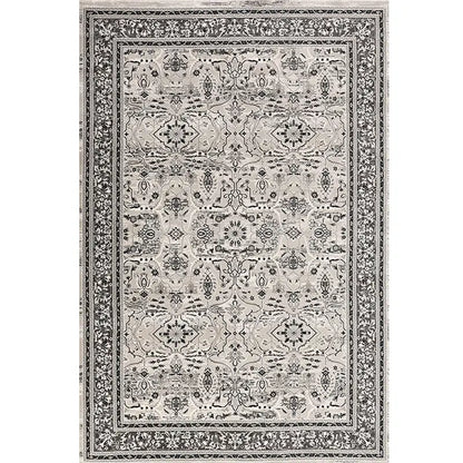 Top view of a Persian-style area rug with classic black and cream pattern