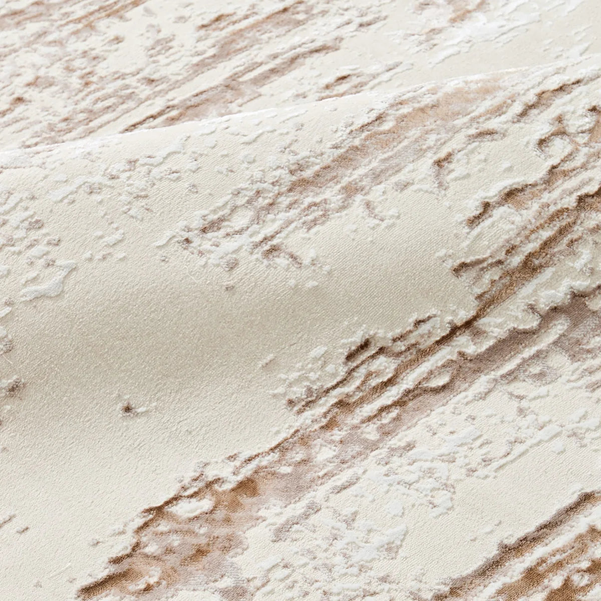 Ivory rust brown distressed abstract area rug close-up with soft textured surface and weathered linear pattern