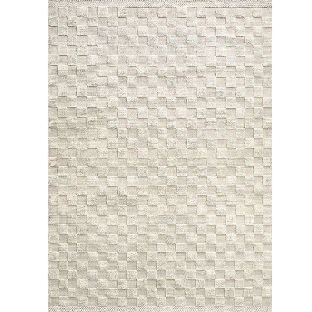 Cream wool blend rug with raised checker texture and soft high-low woven surface